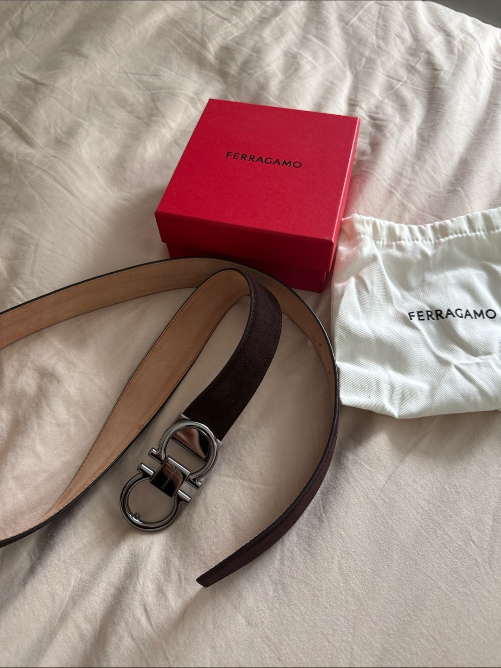 Salvatore Ferragamo Men’s Dark Brown Leather Belt with Gunmetal Gancini Buckle